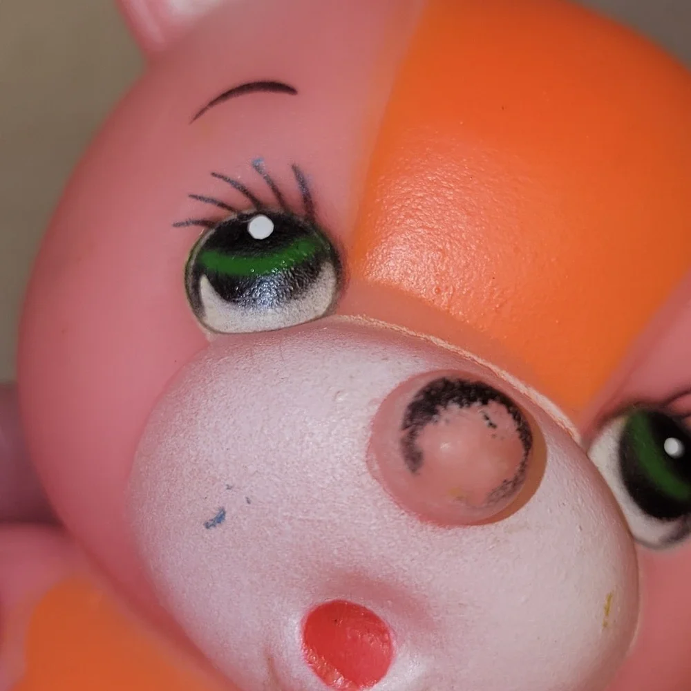 Vintage Pink Bear Squeeze Toy Squeaks Hong Kong Rubber Vinyl Figure Big Eyes 4in